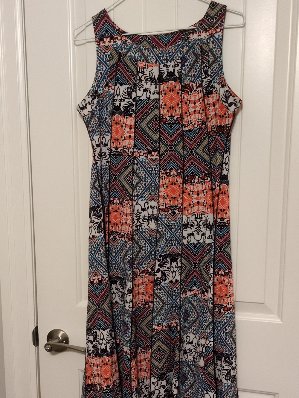 Sleeveless Maxi Dress in Coral, Blue & Black Patchwork